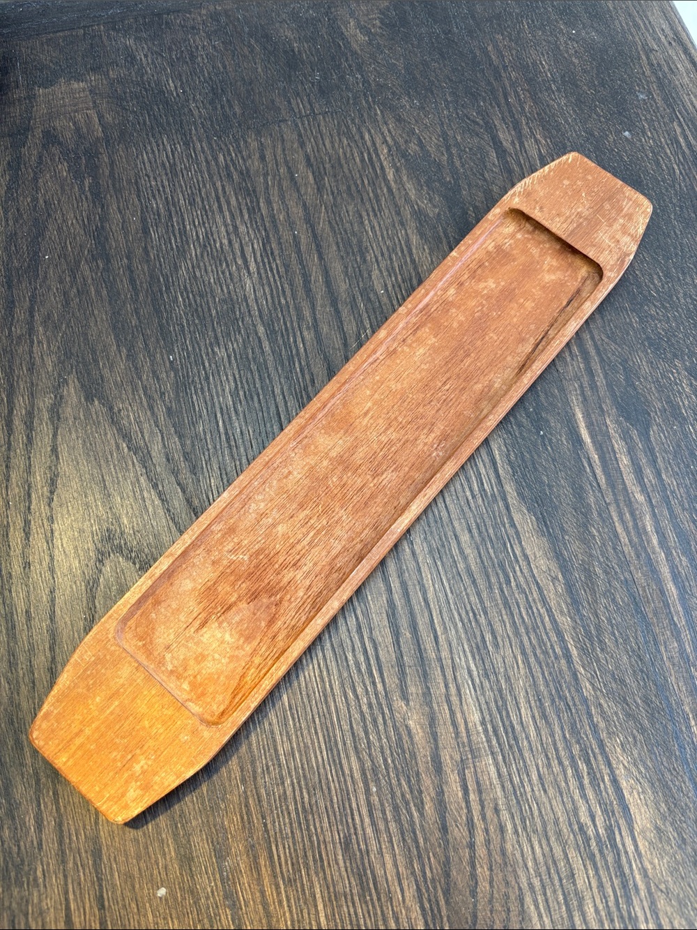 Vintage teak tray, rectangle, MCM, kitchen/décor, weathered, 15.25x3”